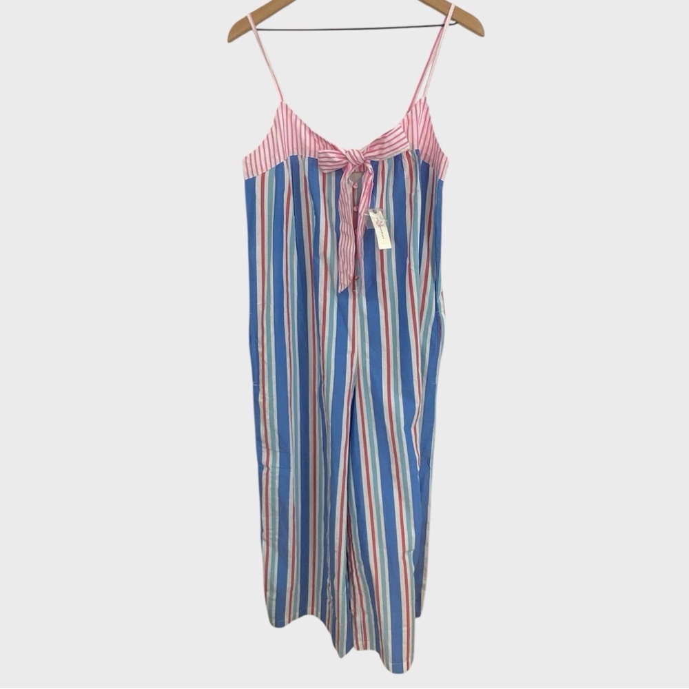 Celandine Anthropologie NWT Blue White Pink Pinstripe Bow Accent Jumpsuit - Picture 12 of 12